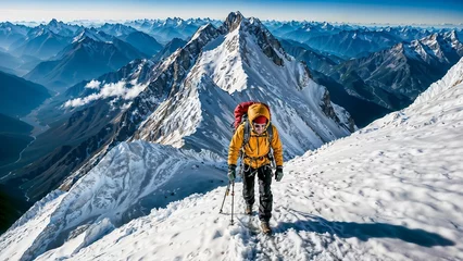Fotobehang  Chasing the Summit: A Lone Climber's Challenge © Thanawadee