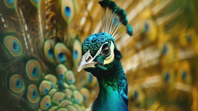 Exquisite peacock displaying feathers of spun gold