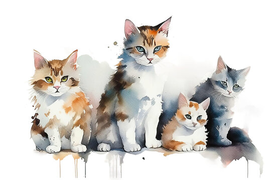 Watercolor cats series background kittens white illustrated