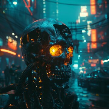 Eerie glowing skull in a dystopian cyberpunk world