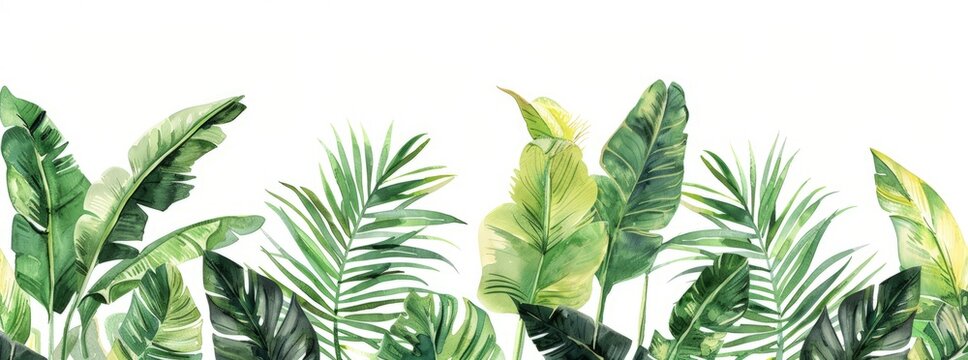 A watercolor painting depicting vibrant green leaves against a clean white background