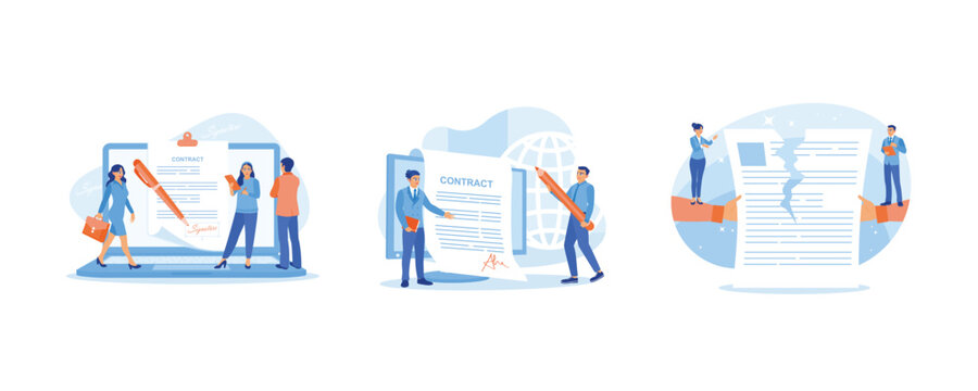 E- signature. Business people sign contracts online on the computer. Two businessmen tore up and canceled a signed business contract. Contract agreement concept. Set flat vector illustration.