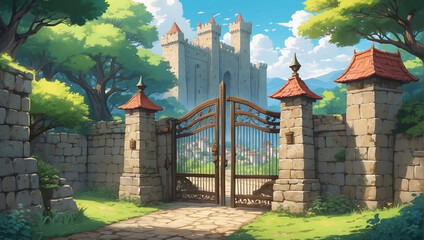Medieval Wall Gate: Illustration of a Medieval Gate Set Within Stone Walls, Conjuring Images of Fortresses, Knights, and Ancient Times - obrazy, fototapety, plakaty