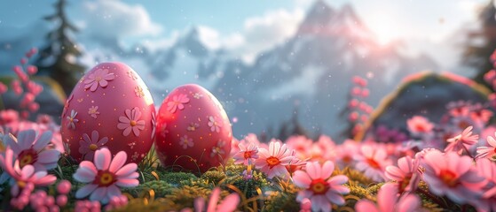 Easter egg scavenger hunt in flowers field - obrazy, fototapety, plakaty