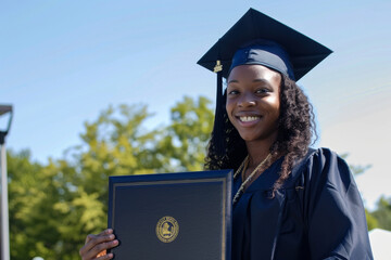 Nursing school graduate holding a diploma, graduation cap in hand, proud moment under a clear sky