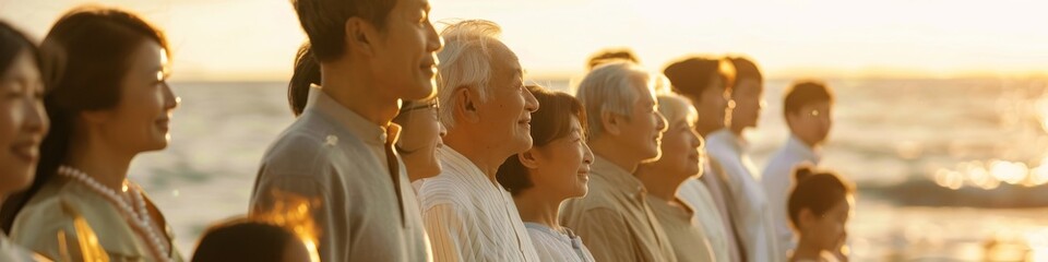 Multi generational group Asian ethnicity beach gathering ocean view sunlight in soft colored attire
