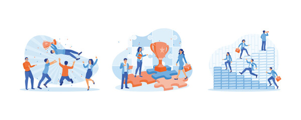 Fototapeta na wymiar Celebrate victory. Solve business problems to achieve success. Business people walk up the stairs to reach targets. Success Business concept. Set Flat vector illustration.