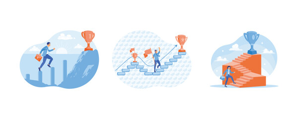 Businessman walking on graph.Businessman walking on graph. Motivation to achieve new goals.Success inspiration. Success Business concept.  Set Flat vector illustration.