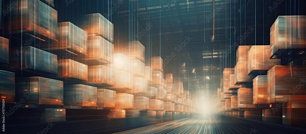Poster a building filled with numerous boxes illuminated by automotive lighting from the ceiling, creating 