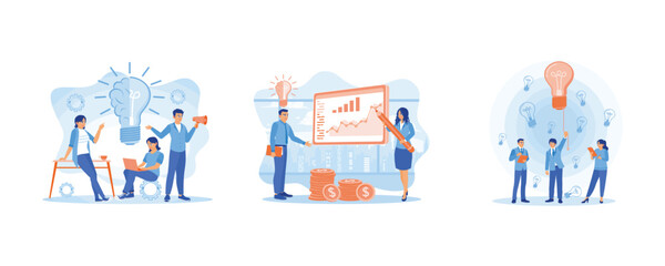 Fototapeta premium A group of people hold a meeting. Analyzing finances on the projector screen. Looking for new business ideas. Business Idea concept. Set Flat vector illustration.