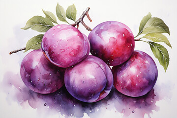 Plum fruit watercolor painting - obrazy, fototapety, plakaty