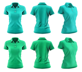 2 Set of woman turquoise blue green, front, back and side view collar slim fit polo tee shirt on transparent background cutout, PNG file. Mockup template for artwork graphic design.