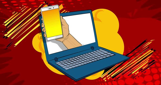 Cartoon Smartphone, comic book Telephone with Laptop. Retro animation, comics pop art video.