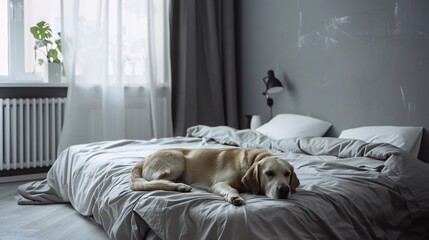 Obraz premium A minimalist grey bedroom with a dog resting beside the bed, offering a glimpse into serene domestic tranquility