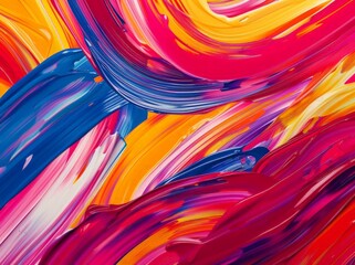 An abstract painting featuring a burst of bright colors in varying shapes and patterns, creating a dynamic and energetic composition