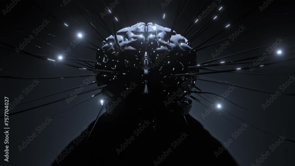 Poster brain digital seamless looping animation. digital simulation of brain heavy work and data transmissi