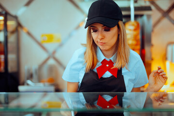 Unhappy Fast Food Employee Making Mistakes at the Workplace. Unskilled beginner worker failing to...