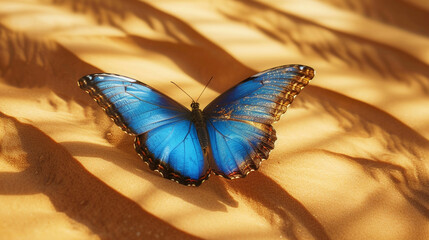 Against a backdrop of swirling sand dunes, a blue butterfly emerges, its wings a vibrant testament...