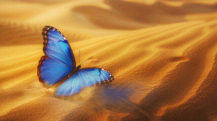 Fototapeta na wymiar Against a backdrop of swirling sand dunes, a blue butterfly emerges, its wings a vibrant testament to the beauty of the desert landscape.