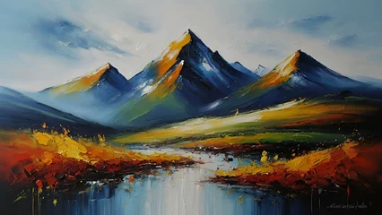 Fotobehang Modern abstract art acrylic oil painting of mountains.generative.ai © Neelam