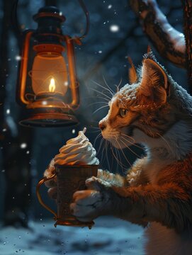 A tricolor cat serving affogato with an ancient lantern on a dark night close-up on the cat hand and serving