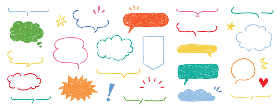 Cute crayon frame speech bubble set. Crayon chalk background speech bubble frame. Hand drawn chalk pencil dialog balloon, children color doodle text cloud. Vector illustration