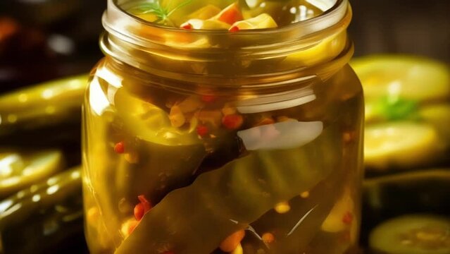 A closeup shot showcases a jar of specialty sweet and sour pickles. The pickles are perfectly caramelized and glisten with a glossy glaze, enticingly capturing the balance between tangy