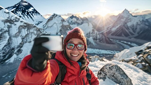 Gen-z woman taking a selfie on the summit of Mount Everest with the sun setting behind her