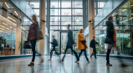 Obraz premium Dynamic Commute: Business Figures in Motion through a Modern Glass Lobby