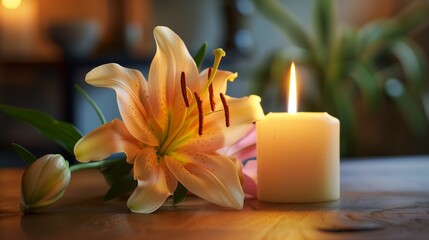 Obraz na płótnie Canvas Nature's poetry—a beautiful lily and a candle casting a gentle glow. HD lens captures the serene beauty harmoniously.