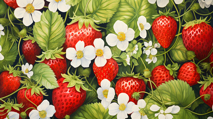 Watercolor Style Seamless Background Of Strawberry with white flowers - obrazy, fototapety, plakaty