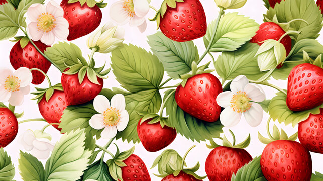 Watercolor Style Seamless Background Of Strawberry with white flowers