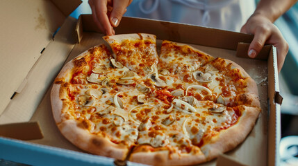 A person pulls out a slice of mushroom, onion, and cheese pizza from the box