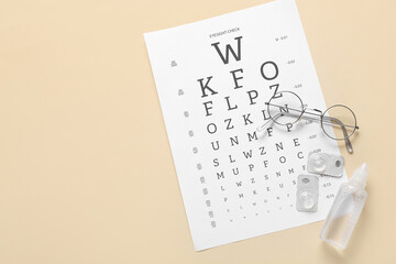 Stylish eyeglasses with eye test chart, solution and contact lenses on beige background