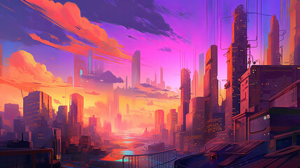 Futuristic cityscape with vibrant colors and gradients painting the skyline, buildings adorned with colorful LED lights that change in hue, reflecting off the glossy surfaces below, holographic