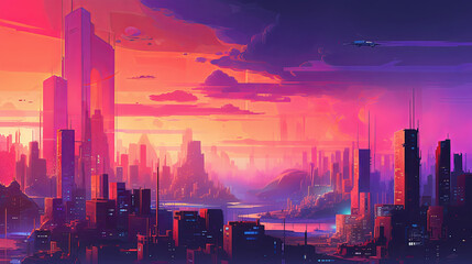 Fototapeta premium Futuristic cityscape with vibrant colors and gradients painting the skyline, buildings adorned with colorful LED lights that change in hue, reflecting off the glossy surfaces below, holographic