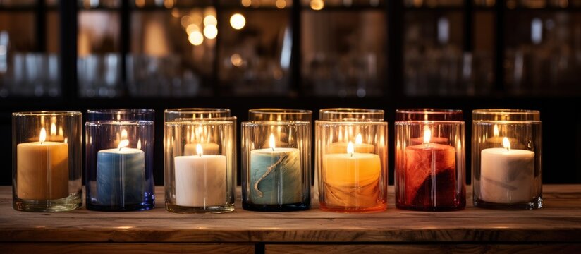 A row of candles illuminates the room, sitting atop a wooden table. The flickering flames create a cozy ambiance for the event, casting tints and shades on the electric blue walls