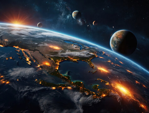 Universe with planets stars, Earth from space,world earth day Background.
