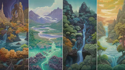 Foto auf Acrylglas Surreal landscapes unfold before the viewer, each scene a masterpiece of imagination and wonder. Mountains morph into fantastical creatures, their peaks adorned with emerald forests and cascading © Ruslan