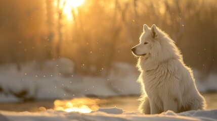 A pristine scene unfolds—a white Samoyed in a sunlit meadow, fur glinting in HD brilliance, embodying pure canine elegance. - obrazy, fototapety, plakaty