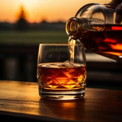 Cognac being poured into a glass against the backdrop of a sunset on Cognac Day