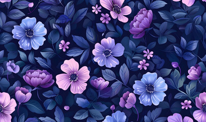 a purple flowering pattern with flowers on dark blue background, Generative AI 