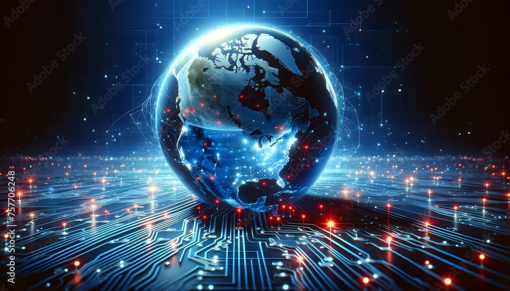 Poster a digital representation of the earth hovering over a circuit board landscape, illuminated with a ne