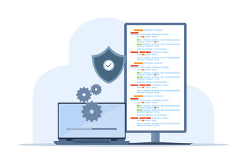 Concept of system maintenance, program and application update, technology, engineer, error, problem fix, device update, software upgrade process, system update, operating system update.