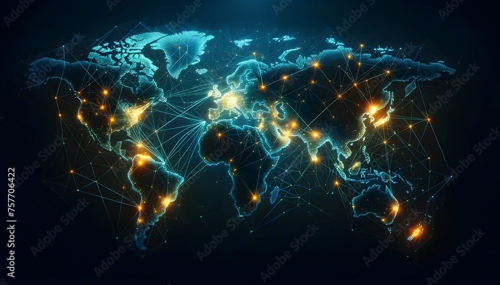 Poster abstract light background, a digital world map displaying continents outlined in blue with connectin