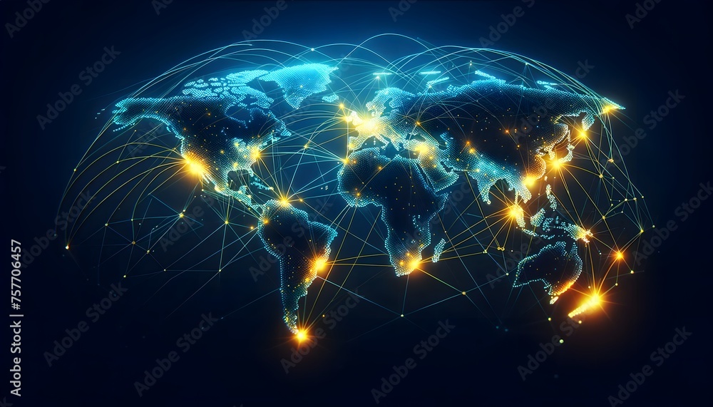 Poster a digital world map displaying continents outlined in blue with connecting lines and bright nodes hi