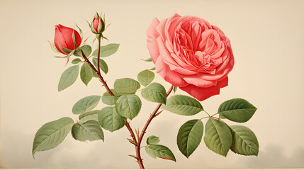 Botanical Illustration of a Pink Rose with buds and leaves