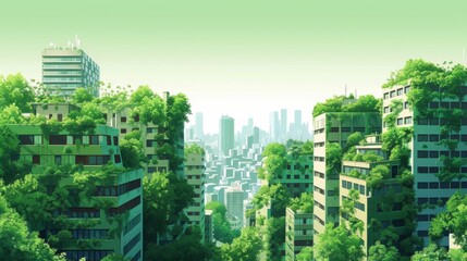 This illustration depicts a verdant urban expanse where the city breathes life through green-infused buildings, symbolizing a progressive step towards ecological urban living.