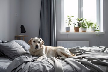 Obraz premium A minimalist grey bedroom with a dog resting beside the bed, offering a glimpse into serene domestic tranquility
