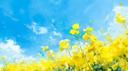 Zelfklevend Fotobehang 青空と菜の花畑の抽象的な水彩イラスト背景 © Hanasaki